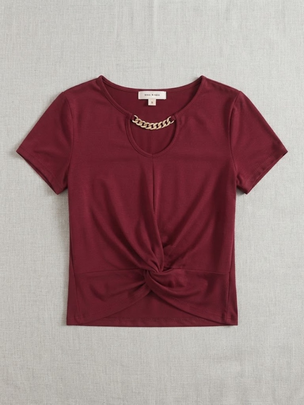 Medium Knot-Front Short Sleeve Top with Chain Detail - Wine